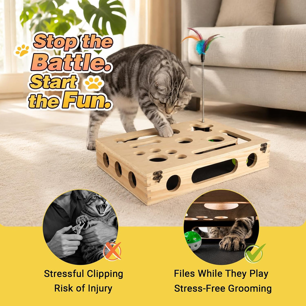 Cat Scratch Puzzle Enrichment Box, Interactive Cat Toy for 3 Balls & 2 Wand | Integrated Cat Nail File Scratcher - Stress Free Alternative to Clippers & Grinders for Indoor Cats