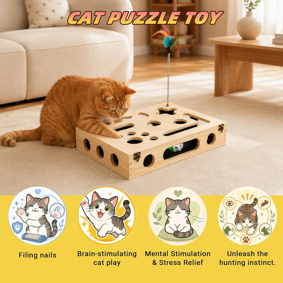 Cat Scratch Puzzle Enrichment Box, Interactive Cat Toy for 3 Balls & 2 Wand | Integrated Cat Nail File Scratcher - Stress Free Alternative to Clippers & Grinders for Indoor Cats