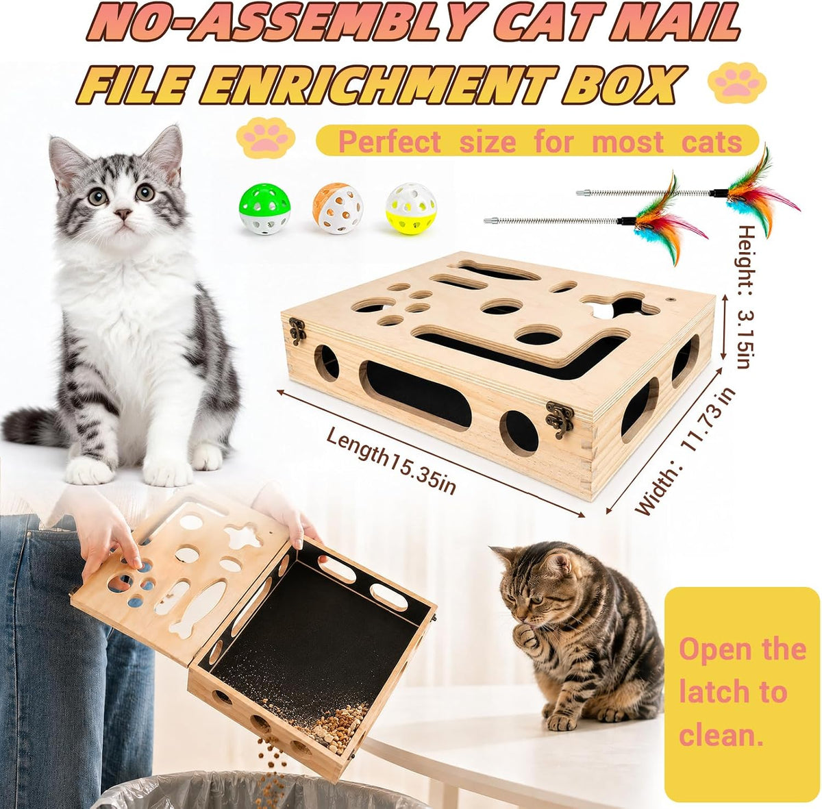 Cat Scratch Puzzle Enrichment Box, Interactive Cat Toy for 3 Balls & 2 Wand | Integrated Cat Nail File Scratcher - Stress Free Alternative to Clippers & Grinders for Indoor Cats