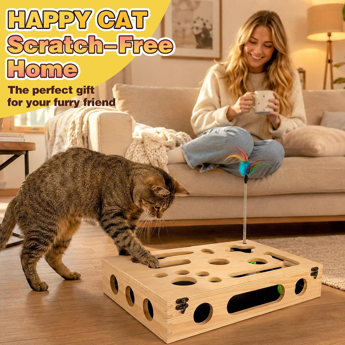 Cat Scratch Puzzle Enrichment Box, Interactive Cat Toy for 3 Balls & 2 Wand | Integrated Cat Nail File Scratcher - Stress Free Alternative to Clippers & Grinders for Indoor Cats