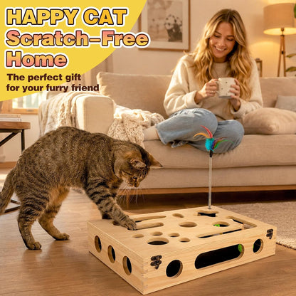 Cat Scratch Puzzle Enrichment Box, Interactive Cat Toy for 3 Balls & 2 Wand | Integrated Cat Nail File Scratcher - Stress Free Alternative to Clippers & Grinders for Indoor Cats