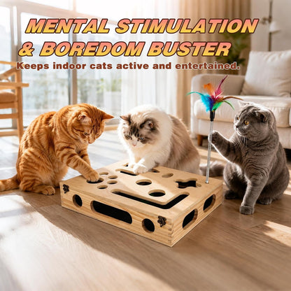 Cat Scratch Puzzle Enrichment Box, Interactive Cat Toy for 3 Balls & 2 Wand | Integrated Cat Nail File Scratcher - Stress Free Alternative to Clippers & Grinders for Indoor Cats