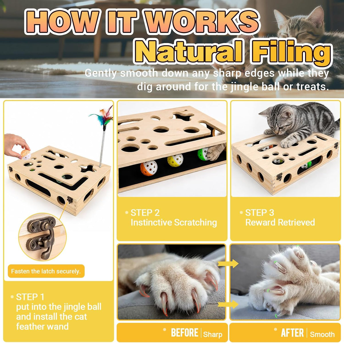 Cat Scratch Puzzle Enrichment Box, Interactive Cat Toy for 3 Balls & 2 Wand | Integrated Cat Nail File Scratcher - Stress Free Alternative to Clippers & Grinders for Indoor Cats