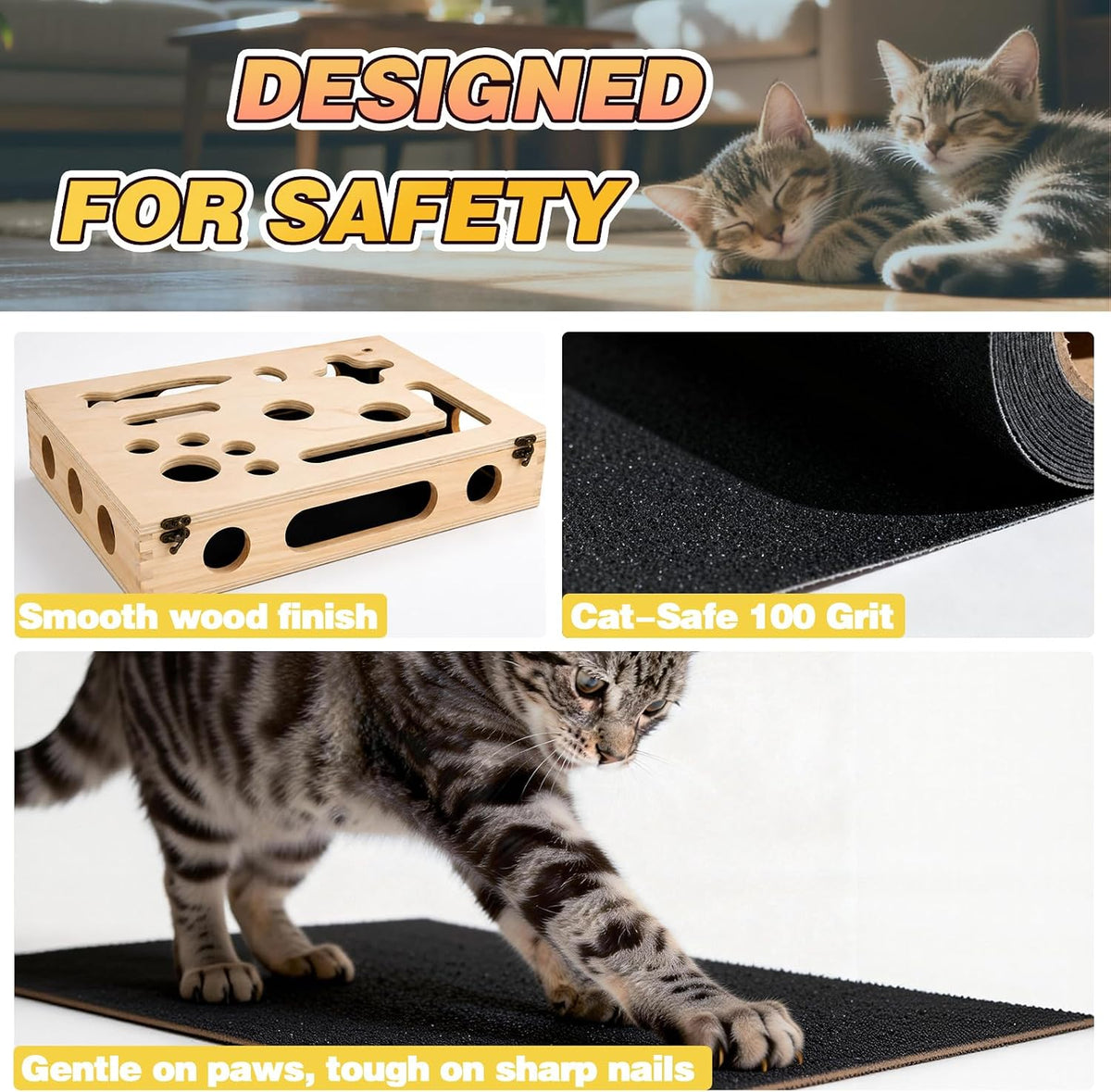 Cat Scratch Puzzle Enrichment Box, Interactive Cat Toy for 3 Balls & 2 Wand | Integrated Cat Nail File Scratcher - Stress Free Alternative to Clippers & Grinders for Indoor Cats